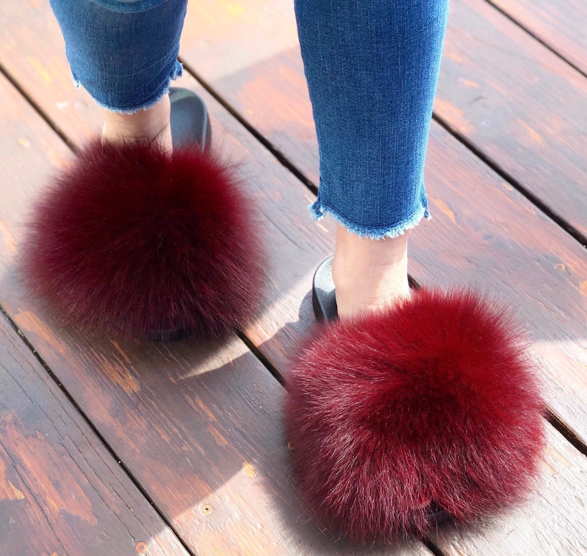 Designer Inspired Fox Fur Slides - Burgundy