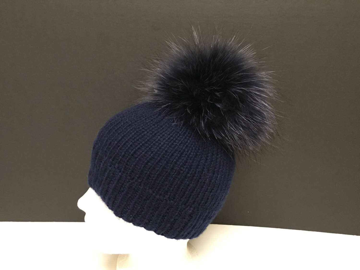 100% Cashmere Navy Blue Beanie Hat Handmade - Navy Blue Raccoon Fur Pom ...